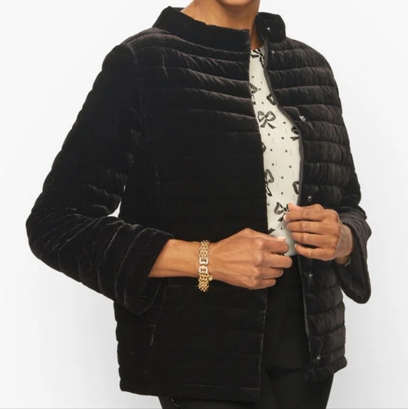 Talbots Quilted Down Filled plush Velvet Puffer Jacket Classy Holidays Black 10 - Picture 1 of 8
